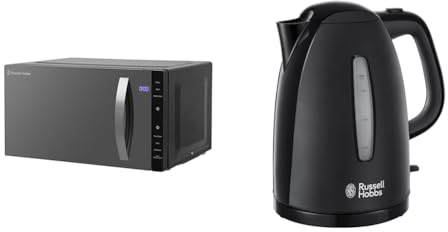 Russell Hobbs RHFM2363B 23 L 800 W Black Digital Flatbed Solo Freestanding Microwave & Textures Electric 1.7L Cordless Kettle (Fast Boil 3KW, Black premium plastic, matt