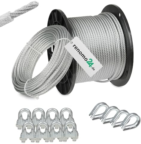 Renomo24 Drahtseil Set 2 - Stahlseil 10m 4mm 6x7 verzinkt und ummantelt, 8x Bügelklemmen, 4x Kauschen