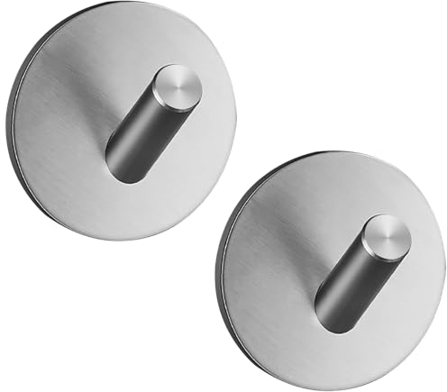 Drenky Silver Towel Hook, Self Adhesive Hooks Heavy Duty 304 Stainless Steel Coat Hooks No Drill Sticky Wall Hook for Towel Coat Hat Key, 2 Pack