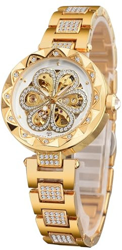 FORSINING Automatische mechanische Damenuhren, Skelett-Steampunk-Uhr mit Diamant und Schnitzerei, Blumenhandwerk, kalte Uhr für Frauen, minimalistisches Retro-Design, mechanische Skelett-Armbanduhr