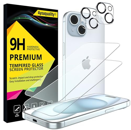 4youquality [4-in-1 Screen Protector for iPhone 15 with Camera Lens Protector, Tempered Glass Film, 2-Pack Each, [LifetimeSupport][Impact-Resistant][Anti-Scratch][Ultra-Transparent]