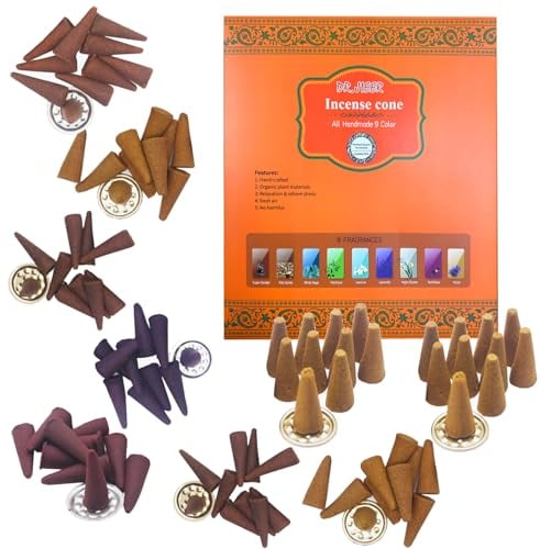 Dr.JIEER Coffret Lot de 9 cônes d'encens - Super sandales, palo santo, sauge blanche, patchouli, jasmin, lavande, reine de nuit, rose rouge, musc