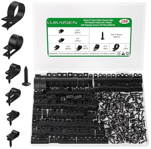 290 Stück R-Typ Kabelschellen, Nylon R Clips, Drahtklemmen, 4.7mm/6.3mm/9.5mm/12.7mm/19mm/25.4mm Kabelklemmen, Kunststoff Kabel Klemmen für Büro Zuhause Draht Kabelführung Kabelbefestigung Schwarz