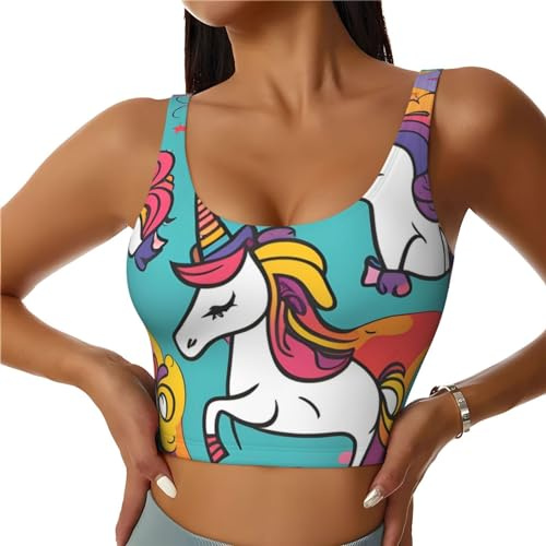 YYHWHJDE Damen Sport-BH, elastisch, Sportweste, Yoga, Tank-Top, Tops, Shirts, schnell trocknender Stoff, buntes Einhörner-Muster, Schwarz , S