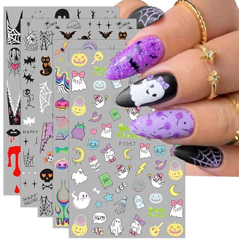 Halloween Nail Stickers, 12 Sheets Self-Adhesive Nail Decal Cute Ghosts Nail Art Decoration Design Supplies
