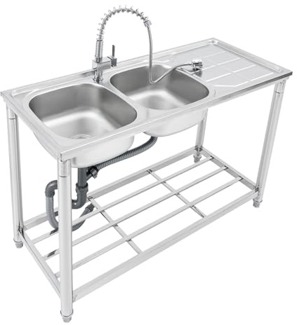 Évier indépendant - Lavabo multifonction en acier inoxydable - Avec accessoires à double évier avec robinet avec tuyaux d'eau froide et chaude - Pour buanderie, jardin