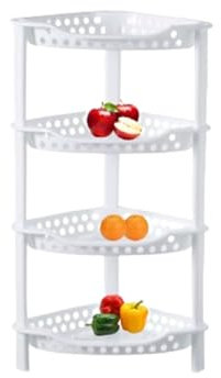 Qualiware 4 Tier Vegetable Fruit Rack Corner Storage Basket Kitchen Utility Stacking Stackable Plastic Trolley Caddy Organizer (White Corner Caddy)