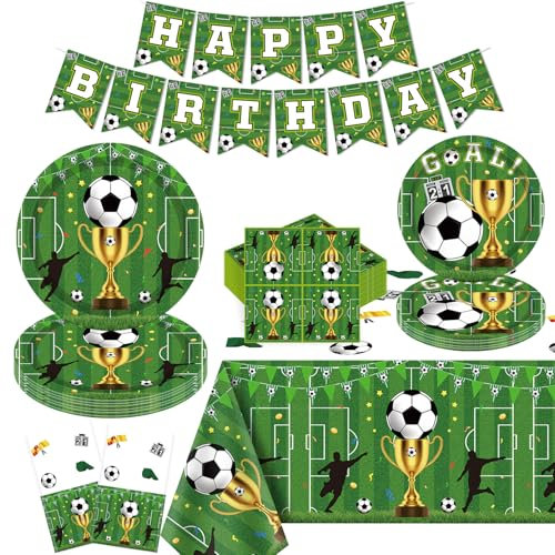 Paquete de 123 decoraciones de fiesta de fútbol, accesorios de fiesta de fútbol, juego de accesorios temáticos deportivos, suministros para fiestas de cumpleaños, incluye platos, servilletas,