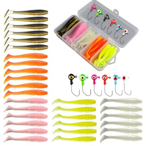 Yuiturt 36 Pcs Fishing Lures Kit with Heads & Hooks, Soft Plastic Grubs for Bass, Crappie, Trout, Perch, Freshwater & Saltwater Fishing, Artificial Soft Lures and Fishing Hooks