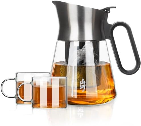 ZENS Glass Tea Infuser Teapot with 2 Cups, 680ML Small Loose Leaf Teapot with Stainless Steel Spout for Herbal Tea Diffusers, Design Oval Handle Clear Tea Infusers Pot for Tea Lovers Gifts