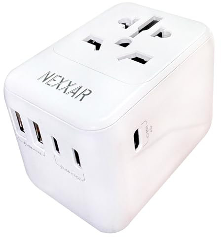 NEXXAR Universal Travel Adapter 28W – High Power Worldwide Charger with 3 USB-C & 2 USB-A Ports, All-in-One International Plug Adapter for EU, UK, US & More