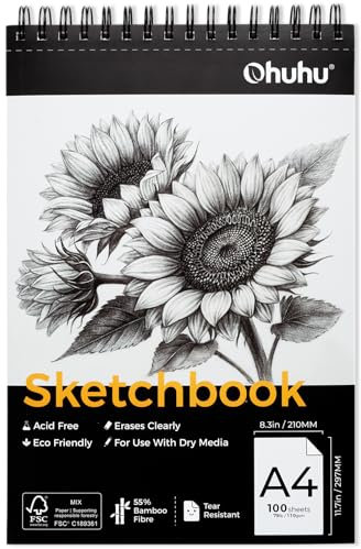 Ohuhu A4 Bamboo Skizzenbuch – 100 Blatt (200 Seiten) Spiralbindung, 110g/m² säurefreies Papier – Radierfest ohne Fasern, ideal für Bleistift, Kohle & Buntstifte