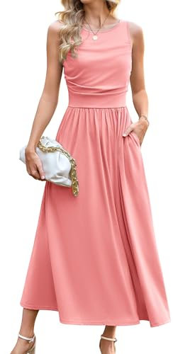 GRACE KARIN Robes d'été 2025 pour femmes, col rond, robes funéraires noires, robe d'été longue décontractée trapèze avec poches, rose, XL