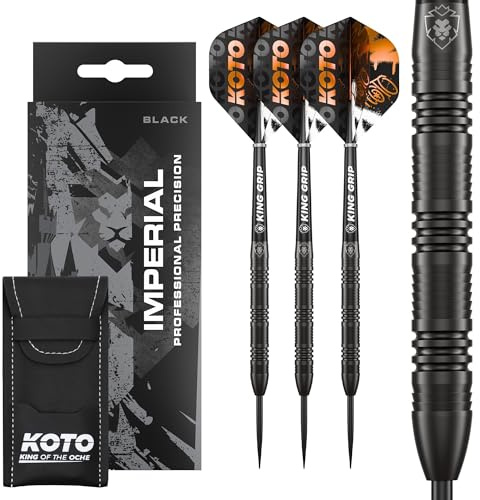 KOTO - Imperial Black 80% Tungsten Darts, 21G-24G, Schwarz, Dartpfeile, Inkl. 3 Barrels, 6 Flights & 6 Shafts | 24 G Steeldart Pfeile, Inkl. 3 Barrels, 3 Dart Flight & 3 Shaft, Schwarz, Centre-Weighted, Razor Grip