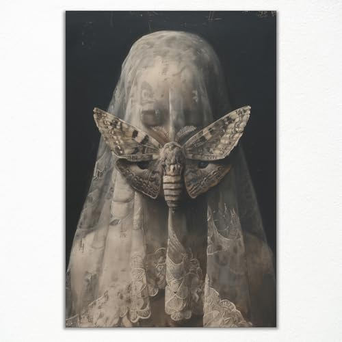 xbsifyiooa Veiled Woman Moth Leinwand-Kunst, Gothic-Hexe, ästhetisches okkultes Poster, stimmungsvoller, dunkler Romantikdruck, gruselige Gothic-Schönheit, Wandbild für Schlafzimmer, Wohnzimmer, 30,5
