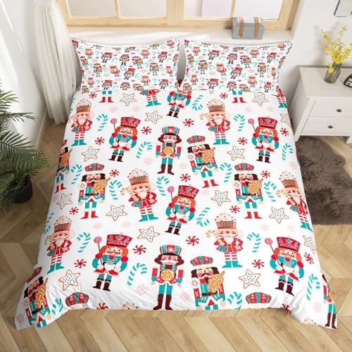 Loussiesd Merry Christmas Bedding Set King Size Christmas Nutcracker Bedding Duvet Cover Set Xmas Gingerbread Man Comforter Cover Set Bedspread Cover Soldier Fairy Quilt Cover 3Pcs