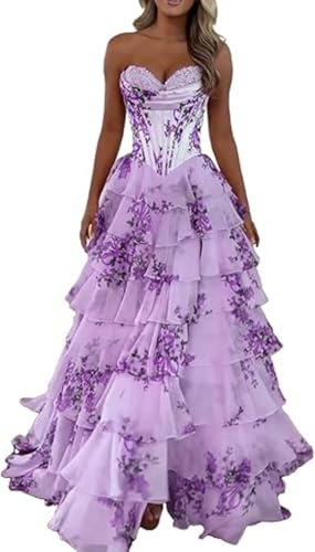 TSxuelian Sweetheart Chiffon Ballkleider 2025 gestuftes Korsett formelles Kleid für Frauen Rüschen Abendkleid mit Schlitz, B-Flieder, 40