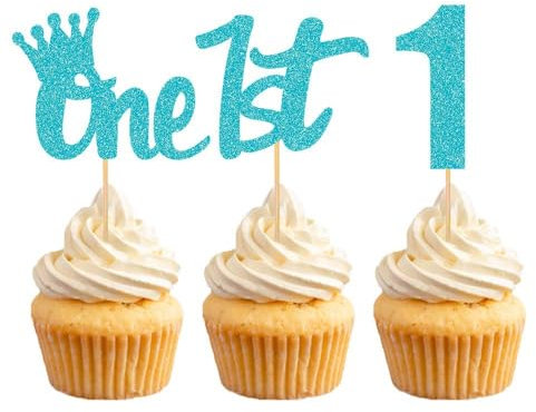 RKMYTR 24Pcs One Cupcake Toppers Blue Glitter Baby First Birthday Party Cupcake Food Picks Decorations for Baby Shower Boys Girls Kids 1st Birthday Party Cake Decorations Supplies Wedding, one-year
