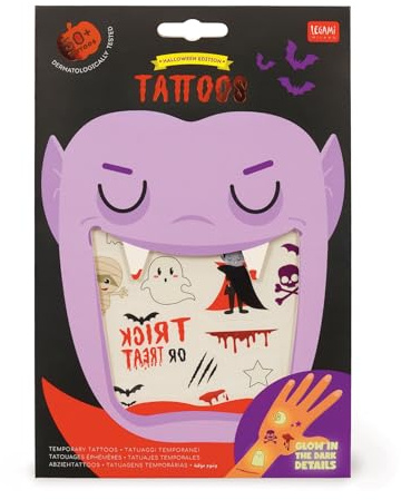 Legami - Tatouages Temporaires pour Enfants, Thème Halloween, Lavables, Résistants à la Transpiration et à l’Eau, Brillent dans le Noir, Faciles à Appliquer, Testés Dermatologiquement