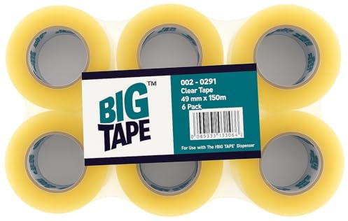 Big Tape Acrylic Packaging Tape, 48mm x 150m, Clear, 6 Pack | Strong Sticky Tape, For Box Packaging, For Moving Boxes, Supports tape guns for 50MM CORE