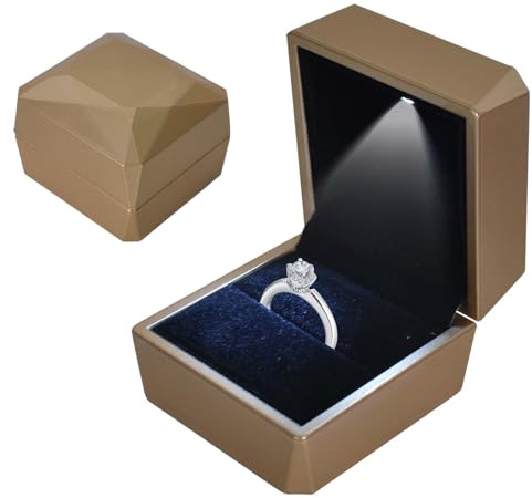 Colexy Ring Box mit LED-Licht, LED-Ringbox Beleuchtete, Samt Schmuck Geschenkbox mit LEDs-Innenbeleuchtung, Schmuck Präsentationsbox, für Verlobung Heiratsantrag Hochzeit, 5.8 * 6.3 * 5cm, Gold-a