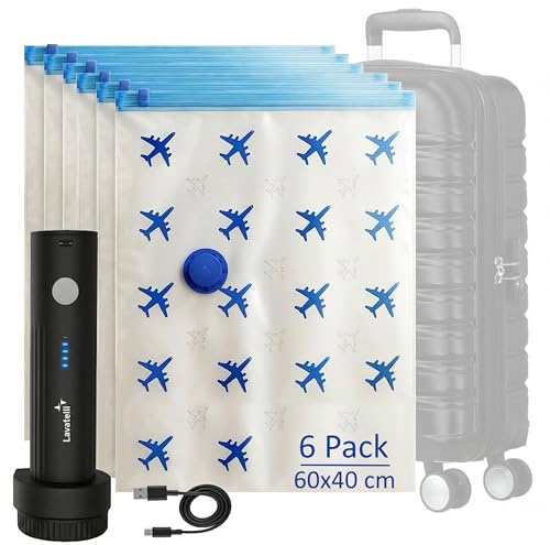 Lavatelli Reise Set Handgepäck mit kabelloser USB-C Pumpe & 6 Vakuumbeuteln 40x60 cm für Trolley 55x40x20, platzsparendes Kit für Kleidung, Daunen & Saisonwechsel