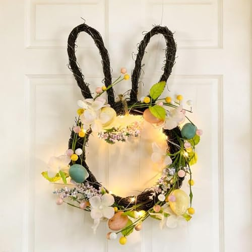 WRQIOO Door Wreaths, Easter Wreath, 40 * 23CM Easter Bunny Wrea-th for Front Door, Ea-ster Egg Wrea-th with 15 LED for Ea-ster Outdoor Spring Decorations