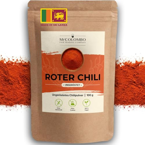 MrCOLOMBO Chilipulver ungeröstet 100 g, Sri Lanka | roter Chili fein gemahlen, scharf und fruchtig | für Curry, Salsa, Marinade, Wok und Sauce | sortenrein, vegan, glutenfrei | Ceylon Direktimport