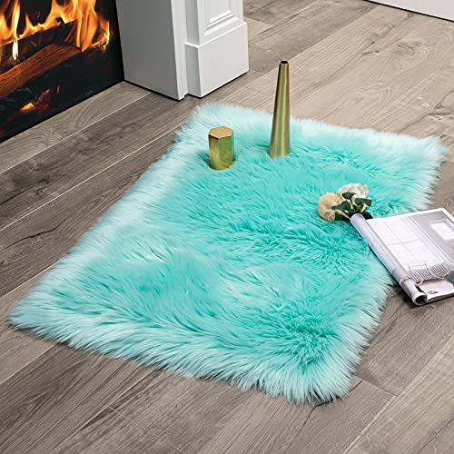MIULEE Faux Fell Teppich Flauschig Weiche Warm Modern Bodenmatte Sofa Matte Kunstfell Dekofell Rechteck Bettvorleger Wolle Longhair Optik Gemütliches 60x90 cm Blau