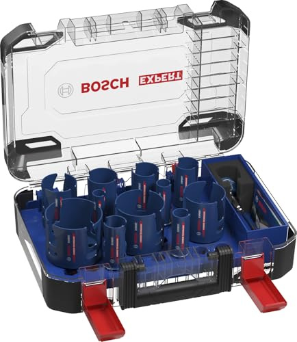 Bosch 15x EXPERT Construction Material PC+ Hole Saw Set, 20, 22, 25, 32, 35 | für Weichholz, Grobspanplatte, Ø 20-76 mm, Professional Zubehör Bohrmaschine