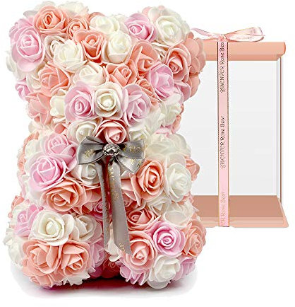 ASENVER Handgefertigte künstliche Blumen Rosenbär reine Farbe für Valentinstag, Geburtstag und Muttertag, mit einer 25,4 cm großen rosa Geschenkbox (mehrfarbig), pfirsichfarben