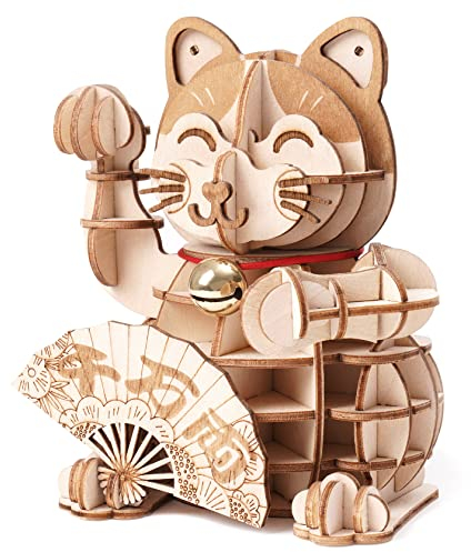 Rolife Puzzle 3D Maquette en Bois a Construire pour Adulte Enfants Chat Chanceux, Kits de Modèles de Bricolage Construction Jouet, Chat Puluts 3D Maquette
