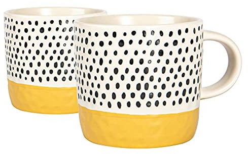 Nicola Spring Céramique Points Trempé Tasses à café - Deux Tons de Couleur Patterned Tea Cups - 385ml - Moutarde - Paquet de 2