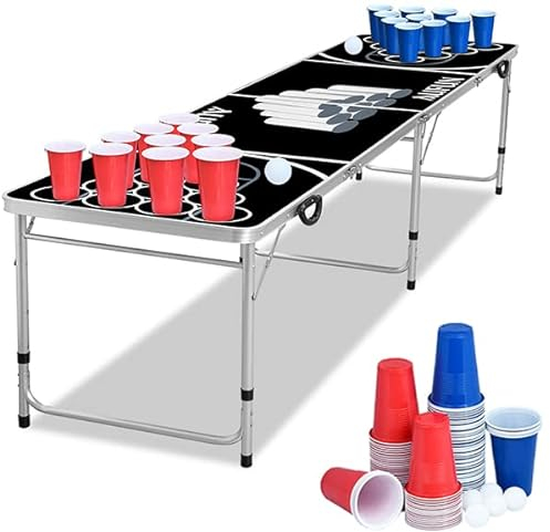 YUENFONG Ensemble de table de bière Pong avec 100 tasses (50 rouges et 50 bleues), 5 balles, table de ping-pong à hauteur réglable en aluminium et plateau MDF (MDF) - Jeu de fête classique - Noir