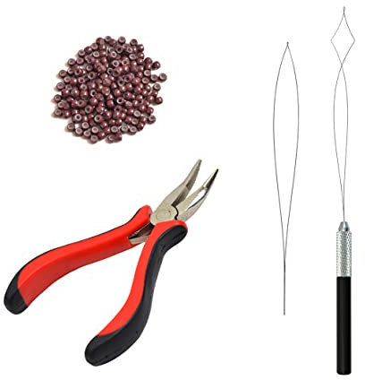 Hair Extensions Pliers Kit with I-tip Hair Pliers Pulling Needle Loop Threader and 200 Pcs 3.0mm Silicone Lined Nano Rings Micro Links Beads (Brown)