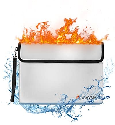 UBAYMAX Fireproof Document Bag (2200℉) Two Pockets, Fire Resistant File Storage Box with Zipper Reflective Strips, Fire Resistant Safe for Home, A4 File, Passports and Tablet-Silver