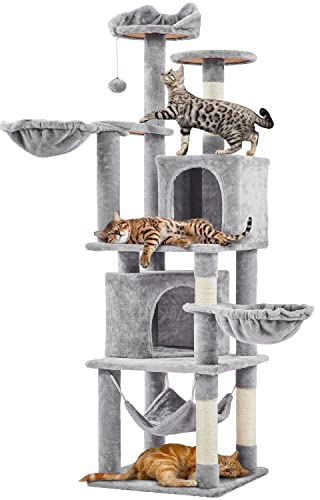 Yaheetech Árbol Rascador para 1-3 Gatos Medianos Torre de Gatos de 174cm con Plataformas y Refugios Cuerda de sisal Gris Claro