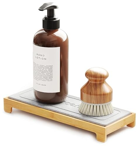 SpaceAid DryingNeat Instant Dry Sink Caddy Organizers, Kitchen Sponge Soap Holder Dispenser, Countertop Fast Drying Counter Tray Rack (Bamboo, Gray)