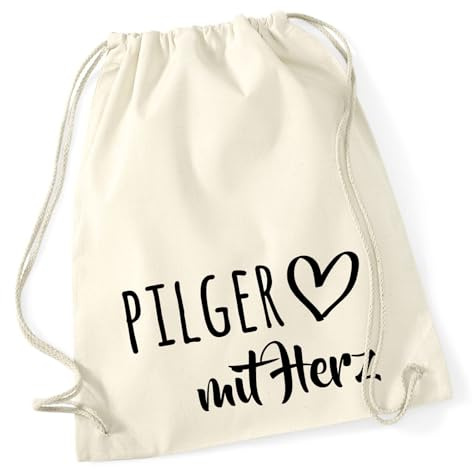 Huuraa Turnbeutel Pilger mit Herz Geschenk | Sportbeutel 12 Liter Natural Baumwolle Beige Rucksack Geschenkidee Unisex Beutel mit Kordelzug Baumwollbeutel