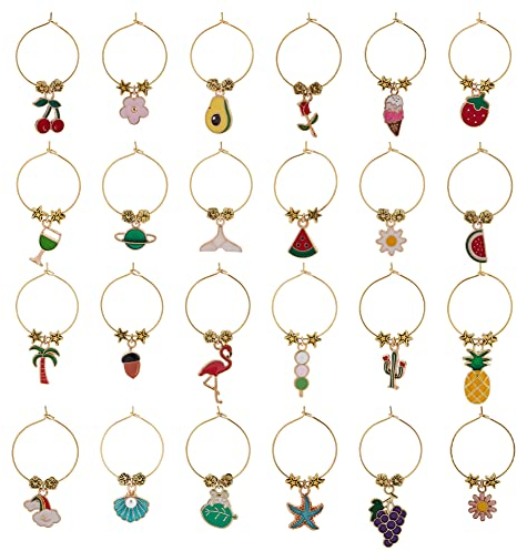 BENECREAT 24-Stil Weinglas-Anhänger Im Sommer-Stil, Blumen-Fruchtbecher-Getränkemarkierer Mit Hoop-Ringen Und Perlen Für Cocktail-Champagner-Verkostung, Partybevorzugungen