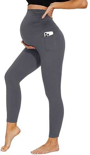 DDOBB Leggings de grossesse pour femmes avec poches Taille haute Pantalon de grossesse en tissu opaque Leggings de maternité souples et élastiques Vêtements de grossesse pour la maison Yoga Sport