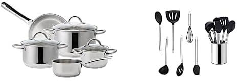 ECHTWERK Induktion 8-teiliges Kochtopf-Set aus hochwertigem Edelstahl, 7-teiliges Küchenhelfer-Set, Silber-Edition