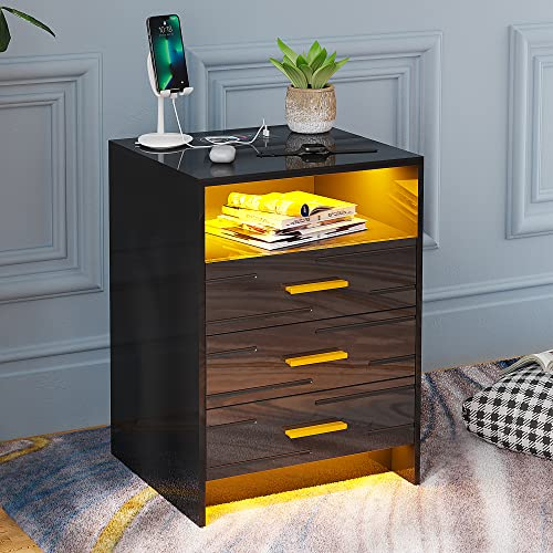 Lvifur RGB 20 Farben Nachtschrank mit kabellose Ladestation,smart nachttisch mit 3 Schubladen und USB Type-C Anschlüsse,nachttisch mit led für Schlafzimmer Wohnzimmer