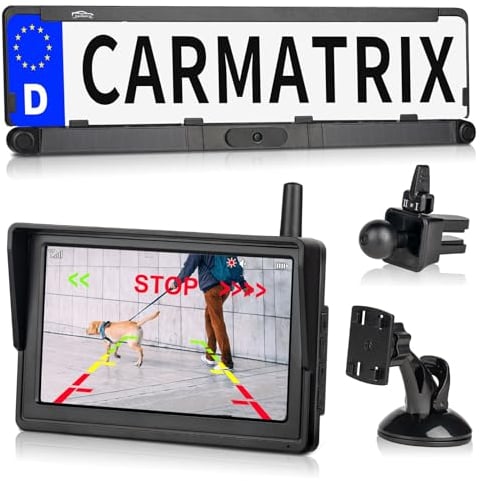 CARMATRIX Solar Funk Auto Rückfahrsystem HD Rückfahrkamera im Nummernschild mit 2 PDC Sensoren Vorne o. Hinten Digital zum Nachrüsten ohne Bohren, Einparkhilfe Kennzeichenhalter kabellos (Solar 2)