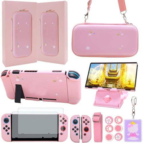 GUTIAL Accessories Bundle for Nintendo Switch - Cute Kawaii NS Accessories kit for Grils Boys Kids with Travel Carrying Case and Cartoon Dockable Protective Cover Case, Screen Protector, Stand - Pink