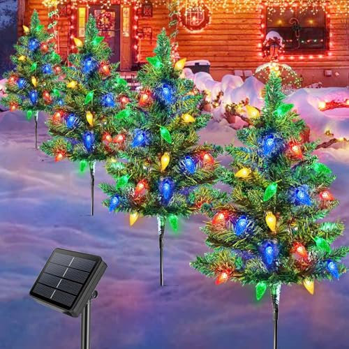 4 Set Solar Christmas Tree for Outdoor Garden Christmas Decoration Solar Pathway Stake Lights with 80 C6 Multicolor Strawberry String Lights Waterproof Xmas Tree for Yard Outside
