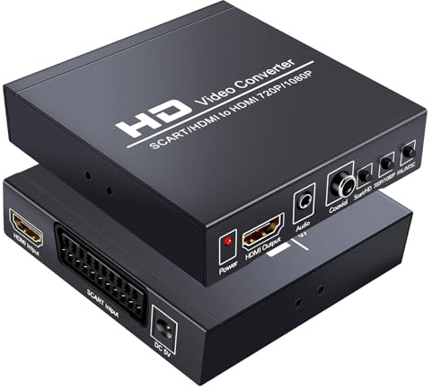 GRACETOP SCART to HDMI Conver, 1080P Scart Converter Video Audio Box, HD Video Converter with PAL/NTSC Video Scaler, 1080P/720P, 3.5mm Coaxial Audio Out for TV and DVD Player