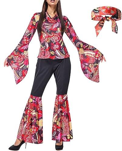Hippie Kostüm Damen Kleid, Kleid 70er Jahre Damen, 70er Jahre Kleid Damen, 70er Jahre Bekleidung Damen, Hippie Kleid Damen Kostüm, Flower Kleidung Damen, 70er Outfit Damen, Hippie Set mit Kopftuch