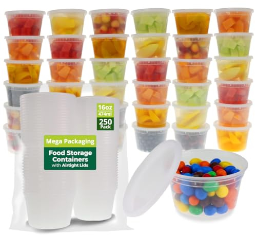 (250 Pack 450ml - 16oz Round) Stackable Plastic Food Container Set With Lids - Reusable, Leakproof, Dishwasher & Microwave Safe, BPA Free Small Meal Prep Containers