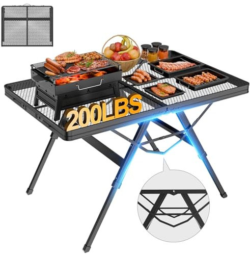 WildFinder 3 FT Folding Grill Table, Portable Camping Table, Adjustable Height, Black, Metal, Outdoor, BBQ